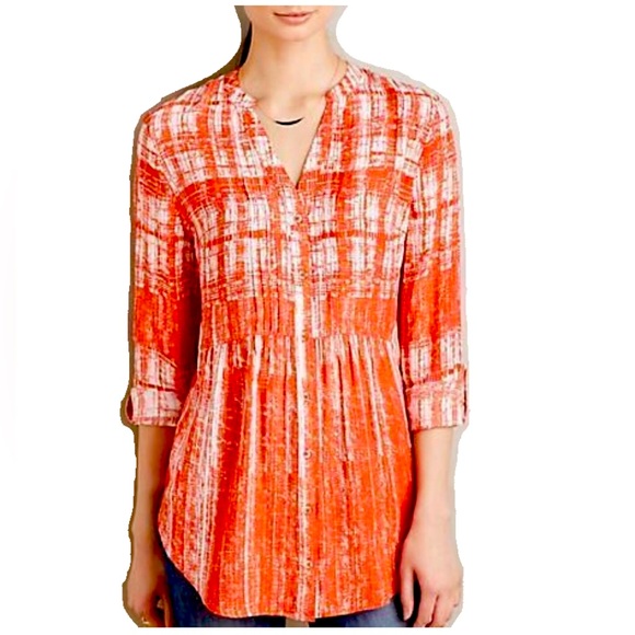 Anthropologie Tops - NWT New! Anthro Calia Top button down shirt hi lo hem red orange white 12 petite